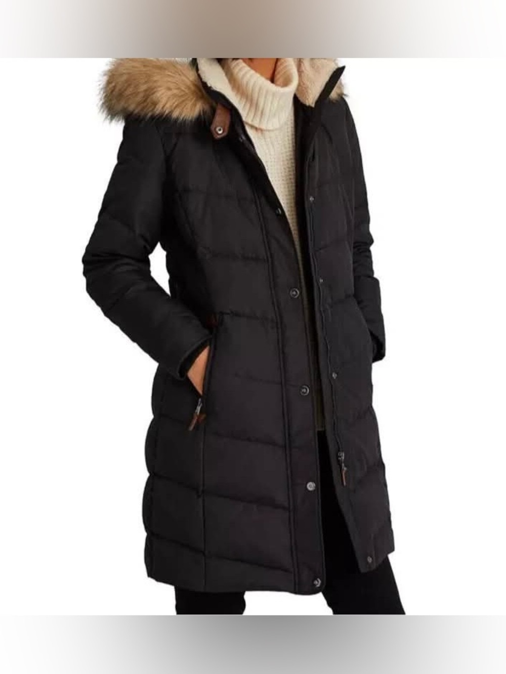 NWT Lauren Ralph Lauren Navy Long Puffer Coat with Faux-Fur Hood Trim Sz M $320